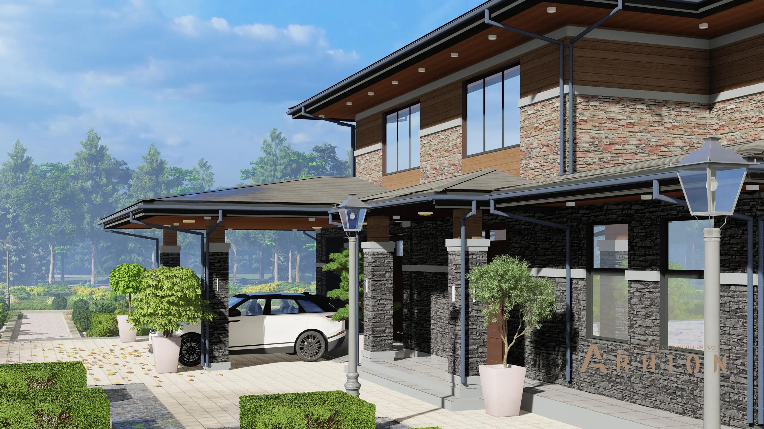 11. Проект двухэтажного дома в стиле Ллойда Райта (прерий) с четырехскатной, h-1604, площадью - 433 кв c сауной, терассой, гаражом, бассейном